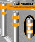 Built Ridiculously Tough Stainless Steel Bollard Posts 31.5 Inch With Anchor Bolts For Driveway Parking Lot Protection Safety Barrier Blocks Featuring Reflective Strips And No Sweat Setup Set Of Four with yellow reflective strips.