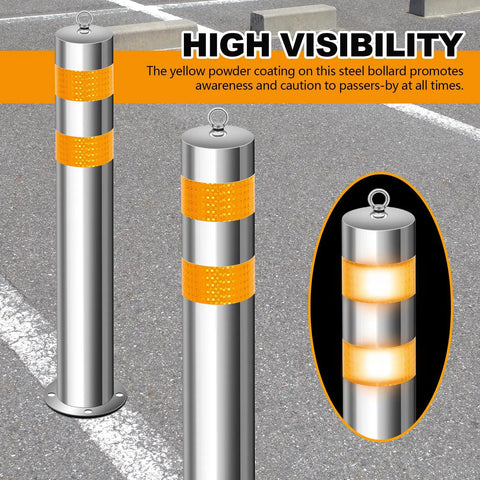 Built Ridiculously Tough Stainless Steel Bollard Posts 31.5 Inch With Anchor Bolts For Driveway Parking Lot Protection Safety Barrier Blocks Featuring Reflective Strips And No Sweat Setup Set Of Four with yellow reflective strips.