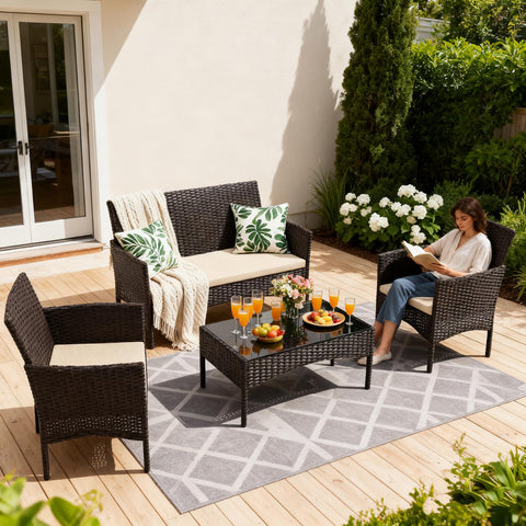 4 Piece Wicker Patio Furniture Set With Cushions, Outdoor Conversation Set With Loveseat, Two Chairs, And Glass Coffee Table