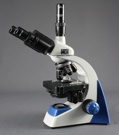 Lab Workhorse Triocular Compound Microscope With 40x To 1000x Magnification LED Illumination and rotating head detail.