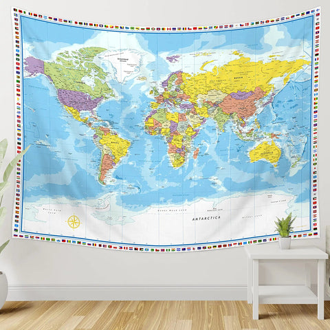 World Map Tapestry Wall Hanging For Kid Friendly Classrooms With Country Flags Educational Geography Wall Art 60x80 Inches