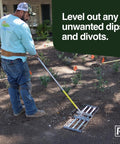 Person using Lawn Leveling Rake Stainless Steel Ground Plate 30 By 10 Inches With 78 Inch Extra Long Handle on garden soil