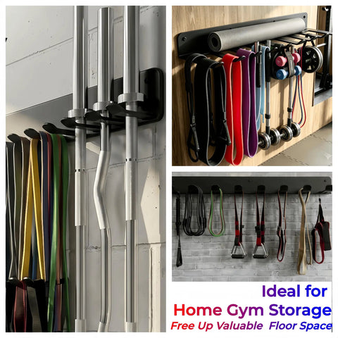 Upgraded Nine Hook Wall Mount Gym Storage Rack for home gyms holding barbells and resistance bands, space saver design.