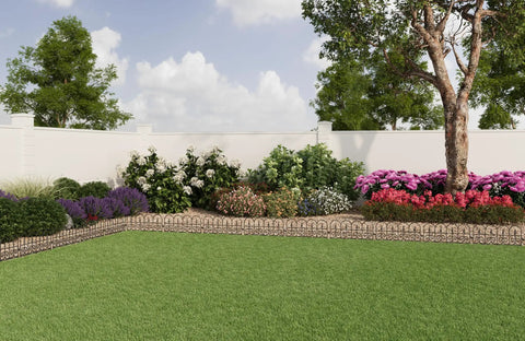 Garden with Go-To Classic Wrought-Iron Style Garden Border Fence Kit In Black, decorative iron texture framing vibrant flower beds