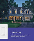 Motion Sensor Light Switch 2 Pack Single Pole Auto On Auto Off For Bathroom Garage Laundry Room Indoor Use Occupancy Vacancy Sensor Works With Any Bulb Type White with a house in background.