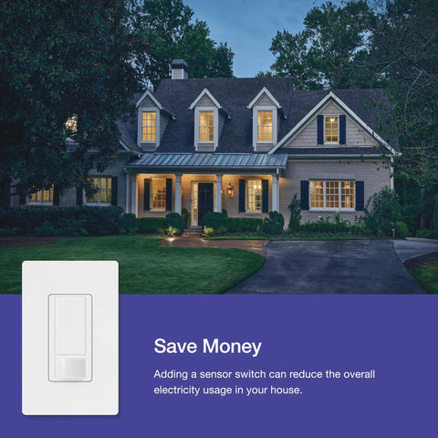 Motion Sensor Light Switch 2 Pack Single Pole Auto On Auto Off For Bathroom Garage Laundry Room Indoor Use Occupancy Vacancy Sensor Works With Any Bulb Type White with a house in background.