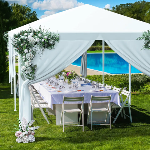 Outdoor Gazebo Canopy Tent With Removable Sidewalls And Windows For Parties, Weddings, And Events Waterproof Shelter With Rust Resistant Steel Frame Easy Setup Party Ready And 10x10, 10x20 Or 10x30 Ft Size Options on grass with chairs and table