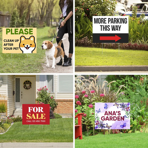 Custom Yard Sign Double Sided Lawn Sign 18x24 Inches 2 Pack Personalize With Text And Logo For Business Yard Or Garage Sale Home Or Office Outdoor Corrugated Plastic With Metal H Stake Made In USA, featuring varied designs for pet warnings, parking, sale, and garden.