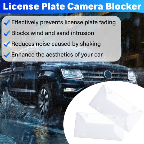 Two Pack Clear License Plate Covers For Car Unbreakable Protection With UV Shield Front And Back Plate Covers With Screws Caps Keeps Plates Clean Scratch Resistant Weatherproof And Ready For Any Drive shown on a wet SUV in rain.