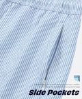 Close-up of side zip pocket on blue white stripe 5 Inch Quick Dry Swim Trunks For Guys With Stretch Fabric And Zip Pockets Lightweight Beach