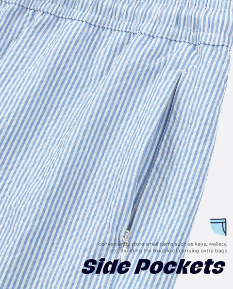 Close-up of side zip pocket on blue white stripe 5 Inch Quick Dry Swim Trunks For Guys With Stretch Fabric And Zip Pockets Lightweight Beach