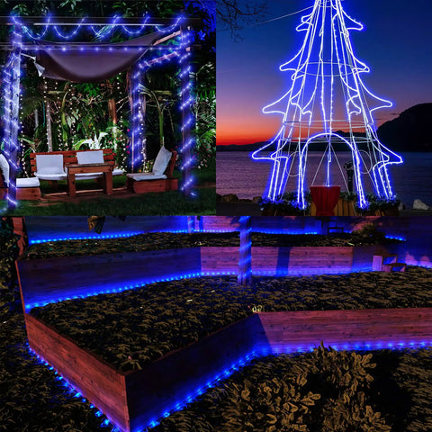 Solar Rope Lights Outdoor Waterproof, 39.37 Feet Copper Wire With Clear PVC Tubing, decorating gazebo, tree, and garden paths at night.