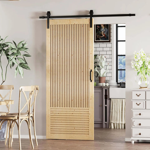36X84 Inch Sliding Barn Door With Six Point Six Foot Hardware Kit Included Pre Drilled And Easy To Assemble Unfinished Solid Core Natural Pine Interior Door Installed in Dining Room