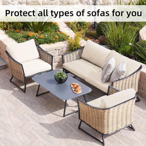 Outdoor patio set with Eight Piece Stretch Patio Cushion Covers For Outdoor Couches And Sofas, beige, on wicker furniture