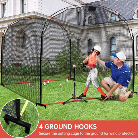 Portable Baseball And Softball Batting Cage Net With Frame For Backyard Practice, 13x10x8 ft, child practicing with coach