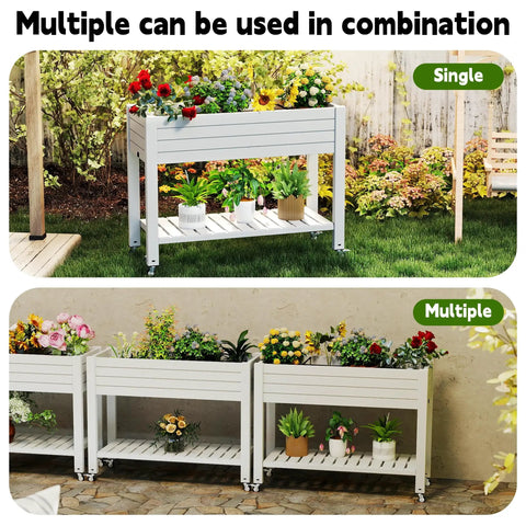 Elevated Garden Bed On Four Legs With Four Lockable Wheels And Storage Shelf For Balcony Patio Backyard Divisible Resin Planter Box 33.6 Inch Tall Back Friendly No Bending Needed Ergonomic Design used in garden and patio settings.