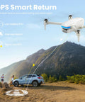 GPS Drones With 4K Camera For Grownups Brushless FPV demonstrating auto return over a car in a mountain landscape.