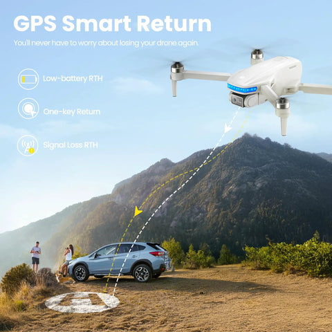 GPS Drones With 4K Camera For Grownups Brushless FPV demonstrating auto return over a car in a mountain landscape.