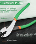 Pro Grade Electrician Terminal Crimp Pliers With Cutter for 10 to 22 AWG Wire Durable Cable Crimp Tool showing non-slip PVC handle