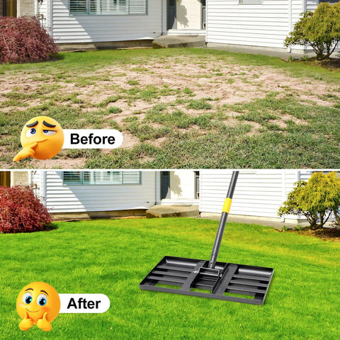 Beastly 60 Inch Adjustable Lawn Leveling Rake With Heavy Duty Flat Head And 1 Inch Diameter Stainless Steel Handle before and after use.