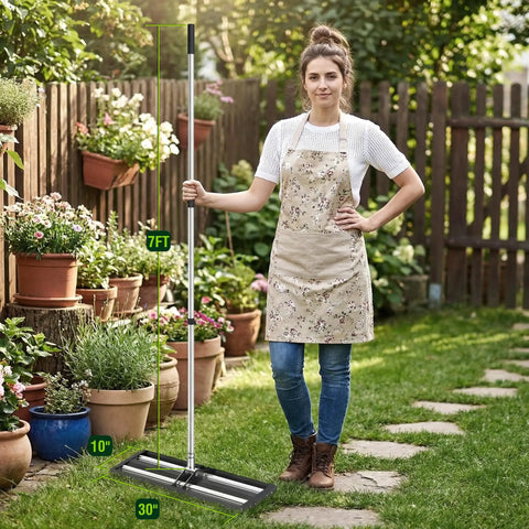 Heavy Duty Lawn Leveling Rake With Aluminum Rollers 40x10 Inch Adjustable Handle 27 To 80 Inch Stainless Steel Ground Leveler used by woman in garden.