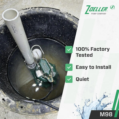 1/2 HP Cast Iron Sump Pump With LED Power Plug in a basement sump pit, submersible, factory tested, for flood prevention.