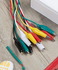 Pro Grade Test Lead And Alligator Clip Set With 20.5 Inch 22 AWG Wires, Five Color Colorway Green White Black Yellow Red, Nickel Plated Clips With PVC Insulators And Heavy Duty Springs, 2 Pack used on lab bench