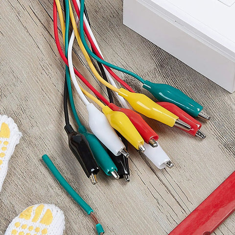 Pro Grade Test Lead And Alligator Clip Set With 20.5 Inch 22 AWG Wires, Five Color Colorway Green White Black Yellow Red, Nickel Plated Clips With PVC Insulators And Heavy Duty Springs, 2 Pack used on lab bench