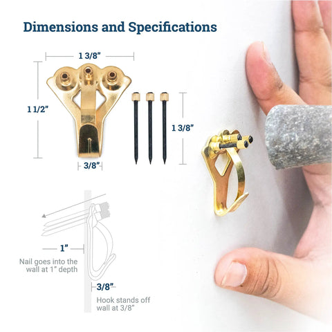 Heavy Duty Picture Hangers For Drywall And Plaster Walls, 75 Lb Earthquake Proof Hooks with dimensions and installation