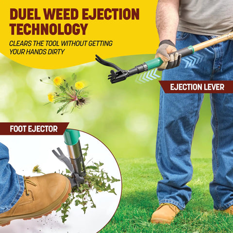 Weed Puller Tool 44 Inch Stand Up Weeder With 4 Claw Steel Head Dual Weed Eject Tech Bamboo Handle Garden Remover in use