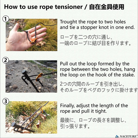 Guide showing how to use rope tensioner for Heavy Duty Tent Stakes 12 Inch Pack Of 4 With Camp Rope Guy Lines And Storage Bag