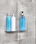 Clear Plastic Wall Mount Organizer For Kitchen Bathroom Office Garage And Craft Room Versatile Wall Mounted Storage Box with toiletries installed on tiled wall.