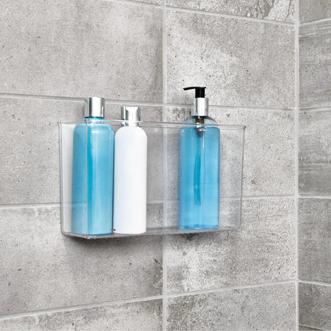 Clear Plastic Wall Mount Organizer For Kitchen Bathroom Office Garage And Craft Room Versatile Wall Mounted Storage Box with toiletries installed on tiled wall.