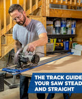 Kreg Accu-Cut circular saw track in use on plywood; blue metal guide with a circular saw and safety glasses.