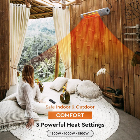 Electric Indoor Outdoor Patio Heater With Remote Control 1500W Delivers Year Round Cozy Warmth IP65 Waterproof Wall Mountable Overheat Protection And Tip Over Switch For Home Or Commercial Use