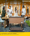 80-Quart Rolling Party Cooler With Divider, 36 Hour Chill, front view, wood grain brown finish with wicker shelf at outdoor party