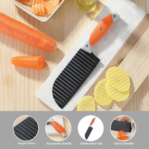 VITUER Crinkle Cutter for Veggies with orange ergonomic handle and black ribbed blade on cutting board.