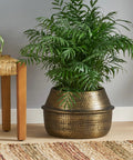 Caine Aluminum Planters In Aged Brass For Indoor Plants, Handcrafted Bowl Style Planter with greenery, in living room setting