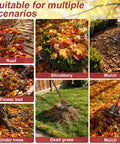 Image showing various uses of Adjustable Metal Leaf Rake With 18 Tines And 9 To 18 Inch Expandable Head for leaves and debris.