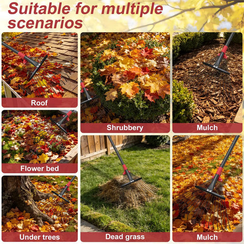 Image showing various uses of Adjustable Metal Leaf Rake With 18 Tines And 9 To 18 Inch Expandable Head for leaves and debris.