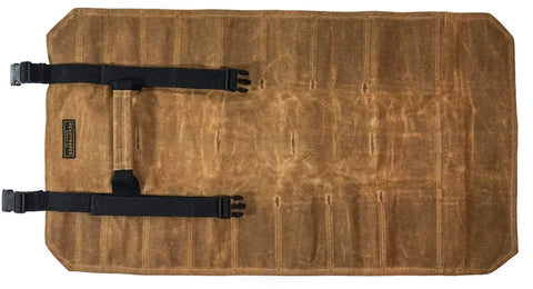 Top view of Heavy Duty Tool Roll Bag With 18 Pockets And Pouch Made From Waxed Canvas 26 Inch, showcasing layout and securing straps