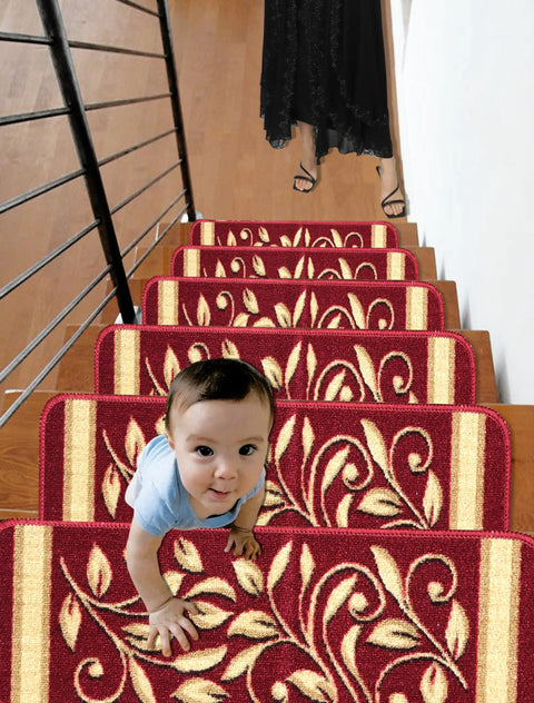 Anti Slip Stair Treads 15 Piece Red Set Pet Friendly No Slip Stair Mats With Rubber Backing Floral Design Grip for Hardwood Floors Carpets and All Step Surfaces on stairs with baby crawling.