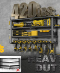Heavy Duty Power Tool Organizer Wall Mount With 4 Tier Rack And 8 Drill Holders, showcasing 420 lbs load capacity