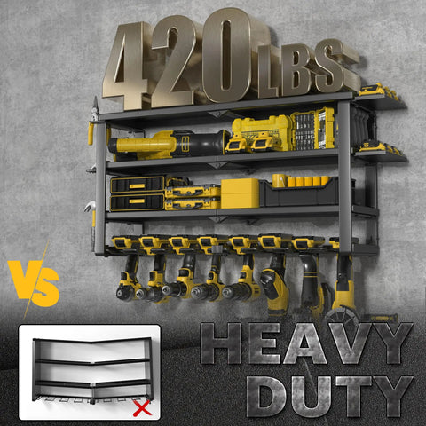 Heavy Duty Power Tool Organizer Wall Mount With 4 Tier Rack And 8 Drill Holders, showcasing 420 lbs load capacity