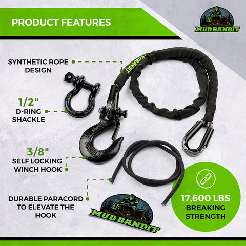 Two Foot ATV Recovery Strap With Winch Hook And D Ring Shackle For Four Wheelers And Quads 17600 Pound Synthetic Rope With Loops