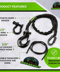 4ft UTV Recovery Strap With Winch Hook And D Ring Shackle For Side By Side Tow Rope, 17,600 Lb Synthetic Rope With Loops