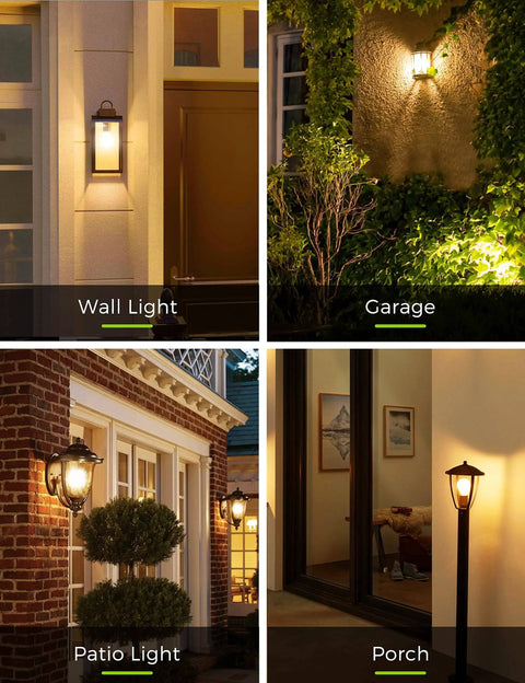 Outdoor lighting examples: wall, garage, patio, and porch with Dusk To Dawn Sensor LED Bulbs 6W A19 Outdoor Lighting 500 Lumens 2700K.
