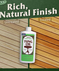 Bottle of 100 Percent Pure Tung Oil for Wood Finish and Sealer, showing untreated and treated wood differences.