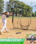 Player using 7 Foot By 7 Foot Baseball And Softball Practice Net For Hitting And Pitching Indoors Or Outdoors In Team Colors