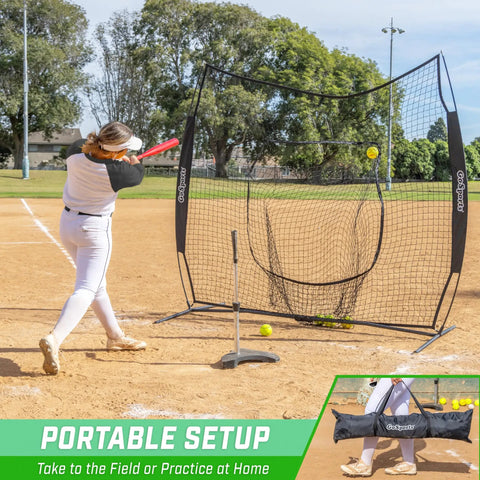 Player using 7 Foot By 7 Foot Baseball And Softball Practice Net For Hitting And Pitching Indoors Or Outdoors In Team Colors